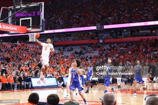 Judah Mintz of the Syracuse Orange jumps for a dunk during the game against the Duke Blue Devils at JMA Wireless Dome on February 18, 2023 in...