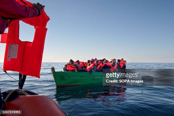 Migrants 33 miles off the coast of Tunisia minutes before being brought to safety by the rescue team of the Basque NGO SMH. On Wednesday 15 February...