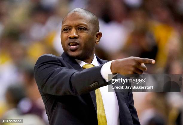Head coach Dennis Gates of the Missouri Tigers reacts during the second half against the Texas A&M Aggies at Mizzou Arena on February 18, 2023 in...