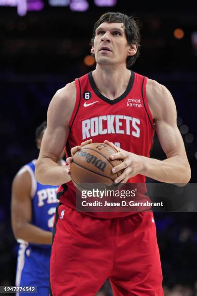 Boban Marjanovic of the Houston Rockets shoots a free throw during the game on February 13, 2023 at the Wells Fargo Center in Philadelphia,...