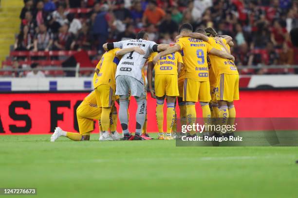 Players of Tigres huddle prior the 8th round match between Atlas and Tigres as part of the Torneo Clausura 2023 Liga MX at Jalisco Stadium on...