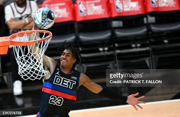 Detroit Pistons' Jaden Ivey scores during the Kia skills challenge relay during the NBA All-Star week-end in Salt Lake City, Utah, February 18, 2023.