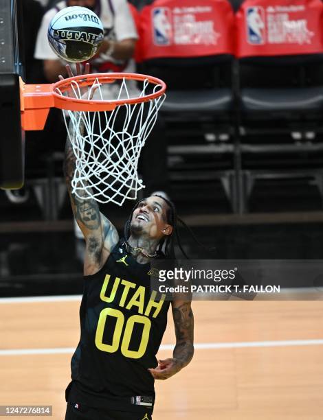 Utah Jazz's Jordan Clarkson scores during the Kia skills challenge relay during the NBA All-Star week-end in Salt Lake City, Utah, February 18, 2023.