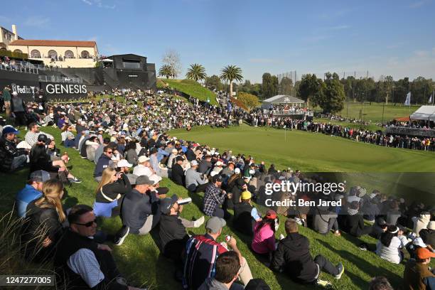 View of the 18th hole during the third round of The Genesis Invitational at Riviera Country Club on February 18, 2023 in Pacific Palisades,...