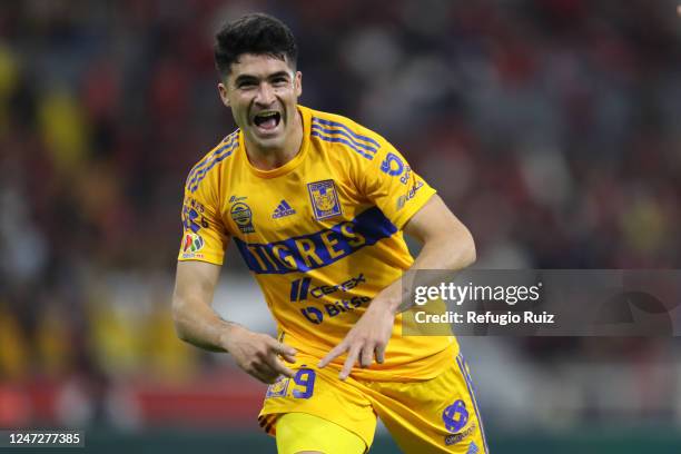 Nicolás Ibáñez of Tigres celebrates after scoring the team's first goal during the 8th round match between Atlas and Tigres as part of the Torneo...