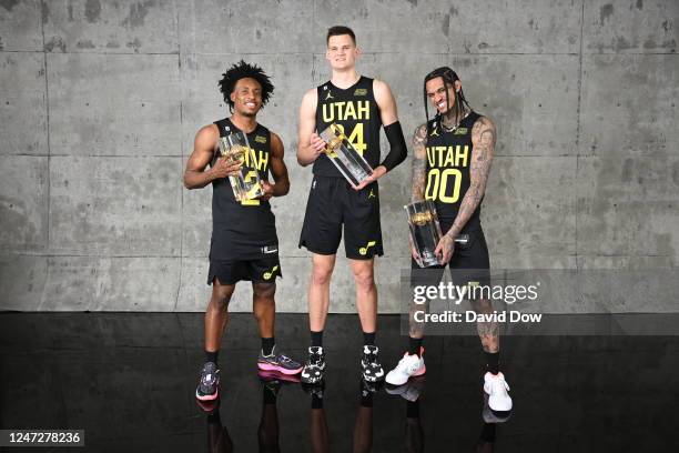 Collin Sexton, Walker Kessler, and Jordan Clarkson of Team Utah poses for a photo with the kia Skills Challenge during State Farm All-Star Saturday...