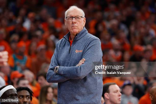 Head coach Jim Boeheim of the Syracuse Orange looks on during the second half against the Duke Blue Devils at JMA Wireless Dome on February 18, 2023...