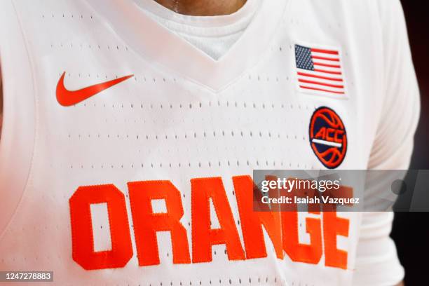 The Nike logo is shown on a Syracuse Orange jersey during a game against the Duke Blue Devils at JMA Wireless Dome on February 18, 2023 in Syracuse,...