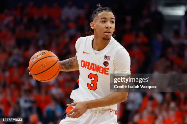 Judah Mintz of the Syracuse Orange moves the ball during the first half of the game against the Duke Blue Devils at JMA Wireless Dome on February 18,...