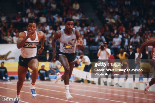 Ron Brown, Carl Lewis, athletes competing in the 18th Annual Michelob Invitational Track Meet, at the San Diego Sports Arena, for ABC Sports.