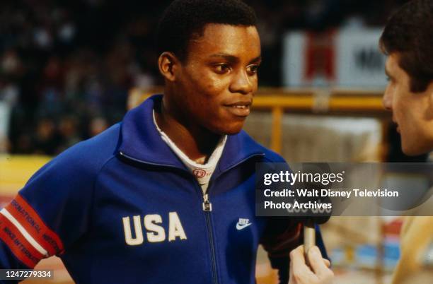 Carl Lewis, athletes competing in the 18th Annual Michelob Invitational Track Meet, at the San Diego Sports Arena, for ABC Sports.