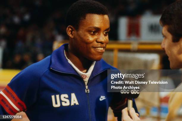 Carl Lewis, athletes competing in the 18th Annual Michelob Invitational Track Meet, at the San Diego Sports Arena, for ABC Sports.