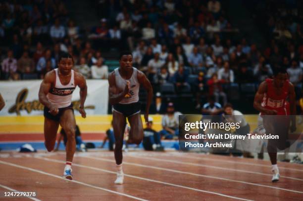 Ron Brown, Carl Lewis, athletes competing in the 18th Annual Michelob Invitational Track Meet, at the San Diego Sports Arena, for ABC Sports.