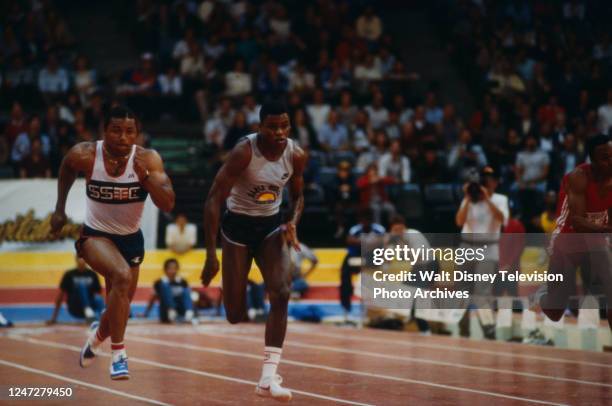 Ron Brown, Carl Lewis, athletes competing in the 18th Annual Michelob Invitational Track Meet, at the San Diego Sports Arena, for ABC Sports.