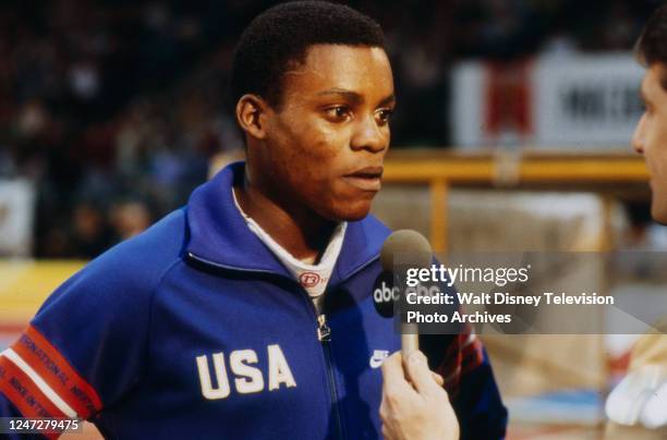 Carl Lewis, athletes competing in the 18th Annual Michelob Invitational Track Meet, at the San Diego Sports Arena, for ABC Sports.