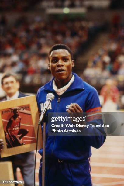 Carl Lewis, athletes competing in the 18th Annual Michelob Invitational Track Meet, at the San Diego Sports Arena, for ABC Sports.