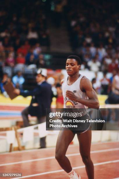 Carl Lewis, athletes competing in the 18th Annual Michelob Invitational Track Meet, at the San Diego Sports Arena, for ABC Sports.