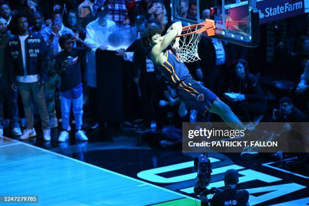 Basketball player Jericho Sims, of the New York Knicks, competes during the Slam Dunk Contest of the NBA All-Star week-end in Salt Lake City, Utah,...