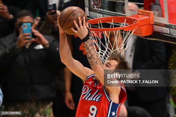 Basketball player Mac McClung, of the Philadelphia 76ers, competes during the Slam Dunk Contest of the NBA All-Star week-end in Salt Lake City, Utah,...