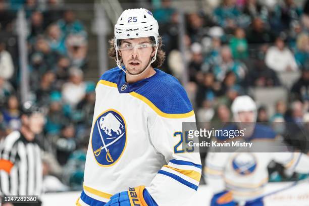 Owen Power of the Buffalo Sabres skates between plays against the San Jose Sharks at SAP Center on February 18, 2023 in San Jose, California.