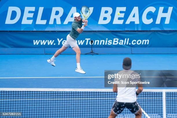 Robert Galloway / John-Patrick Smith compete during the Doubles Semifinals round of the ATP Delray Beach Open on February 18 at the Delray Beach...