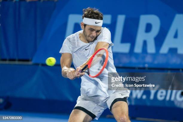 Taylor Fritz competes during the Semifinals round of the ATP Delray Beach Open on February 18 at the Delray Beach Stadium & Tennis Center in Delray...