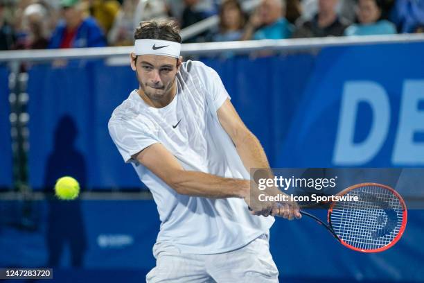 Taylor Fritz competes during the Semifinals round of the ATP Delray Beach Open on February 18 at the Delray Beach Stadium & Tennis Center in Delray...