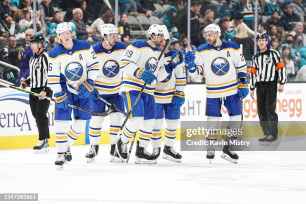 Alex Tuch of the Buffalo Sabres celebrates scoring a goal against the San Jose Sharks at SAP Center on February 18, 2023 in San Jose, California.