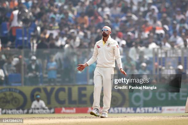 Nathan Lyon of Australia looks on during day three of the Second Test match in the series between India and Australia at Arun Jaitley Stadium on...