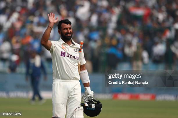 IDELHI, INDIA Cheteshwar Pujara of India reacts after day three of the Second Test match in the series between India and Australia at Arun Jaitley...