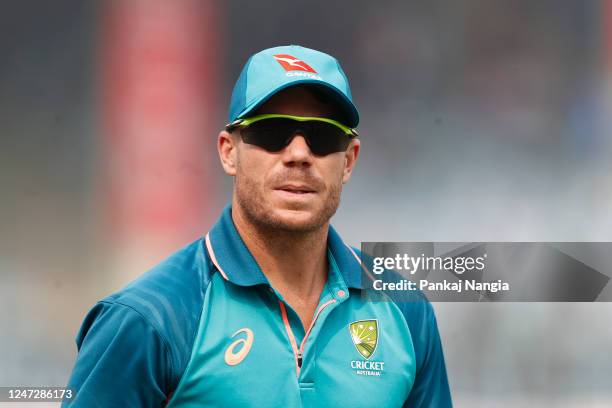 David Warner of Australia looks on during day three of the Second Test match in the series between India and Australia at Arun Jaitley Stadium on...