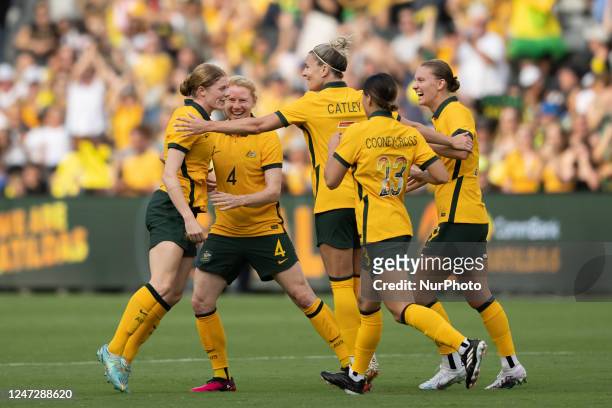 Australia Matildas celebrates the goal during the Cup of Nations match between the Australia Matildas and Spain at Commbank Stadium on February 19,...