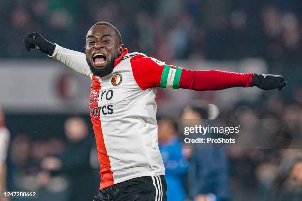 Stadium de Kuip, Dutch Eredivisie Football, season 2022 / 2023, Match between Feyenoord and AZ. Feyenoord defender Lutsharel Geertruida celebrate 2-1...