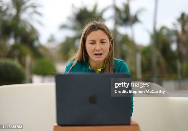 Marbella , Spain - 19 February 2023; Kyra Carusa speaks to media during a Republic of Ireland women training camp in Marbella, Spain.