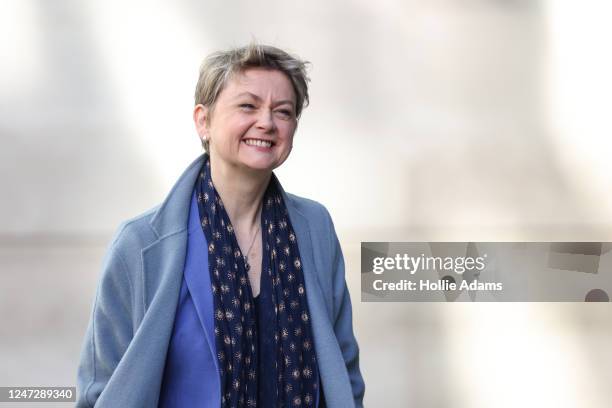 Yvette Cooper, shadow home secretary, leaves BBC Broadcasting House after appearing on Sunday with Laura Kuenssberg on February 19, 2023 in London,...