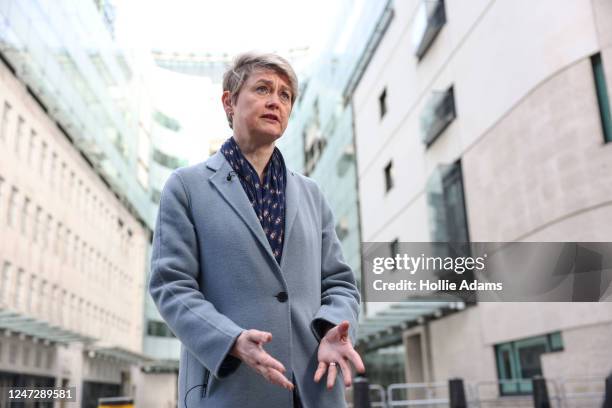 Yvette Cooper, shadow home secretary, is interviewed outside BBC Broadcasting House ahead of appearing on Sunday with Laura Kuenssberg on February...