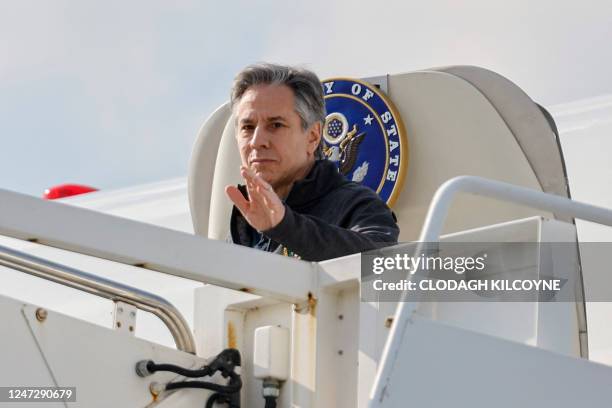 Secretary of State Antony Blinken disembarks from an aircraft after arriving at Incirlik Air Base near Adana on February 19 for an official visit...