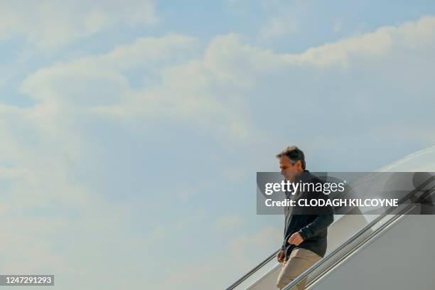 Secretary of State Antony Blinken disembarks from an aircraft after arriving at Incirlik Air Base near Adana on February 19 for an official visit...