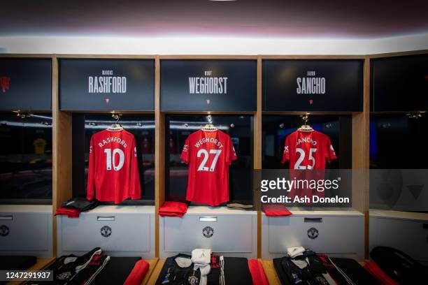 General View of Manchester United kit in the home dressing room prior to the Premier League match between Manchester United and Leicester City at Old...