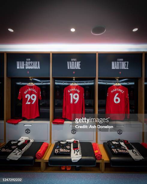 General View of Manchester United kit in the home dressing room prior to the Premier League match between Manchester United and Leicester City at Old...