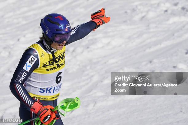 Henrik Kristoffersen of Team Norway celebrates during the FIS Alpine World Cup Championships Men's Slalom on February 19, 2023 in Courchevel Meribel,...