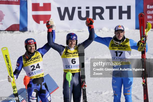 Aj Ginnis of Team Greece wins the silver medal, Henrik Kristoffersen of Team Norway wins the gold medal, Alex Vinatzer of Team Italy wins the bronze...