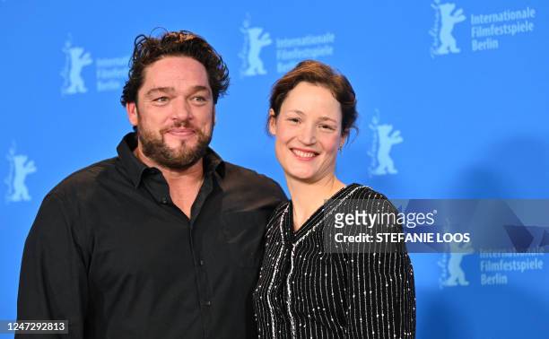 Luxembourgish-German actress Vicky Krieps and German actor Ronald Zehrfeld pose during a photocall for the film "Ingeborg Bachmann - Journey into the...