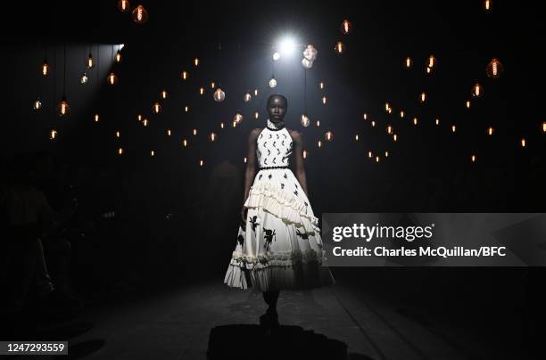 Model walks the runway at the Erdem show during London Fashion Week February 2023 on February 19, 2023 in London, England.