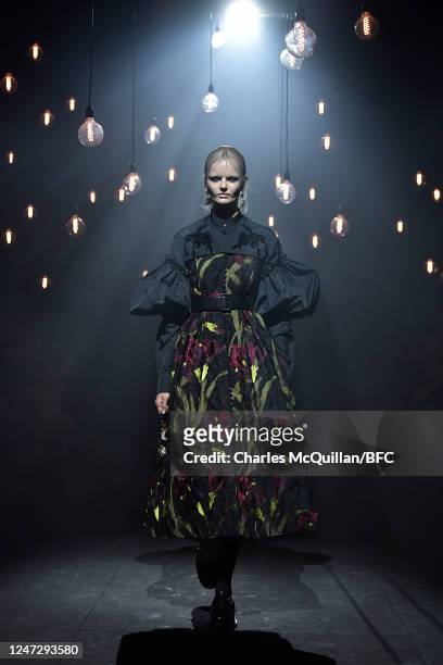 Model walks the runway at the Erdem show during London Fashion Week February 2023 on February 19, 2023 in London, England.