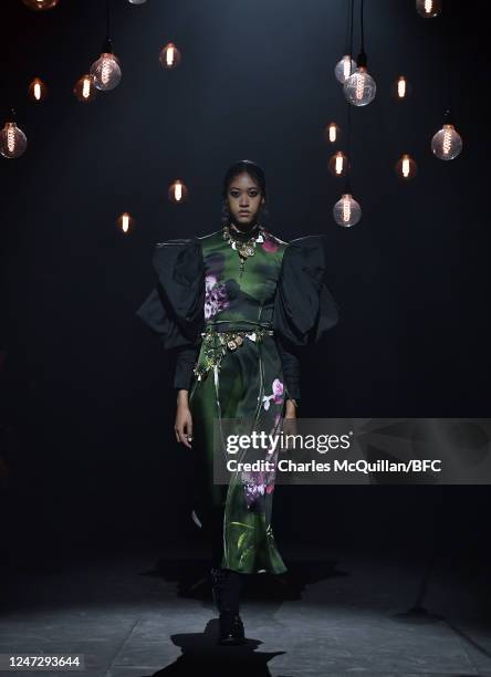 Model walks the runway at the Erdem show during London Fashion Week February 2023 on February 19, 2023 in London, England.