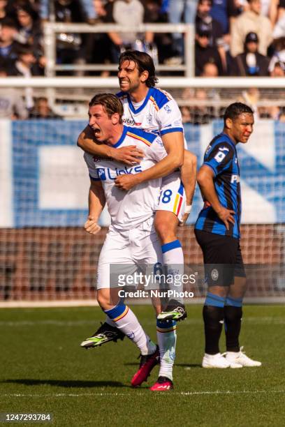Federico Baschirotto, Pietro Ceccaroni of US Lecce celebrate the victory during the Serie A football match between Atalanta BC and US Lecce at Gewiss...
