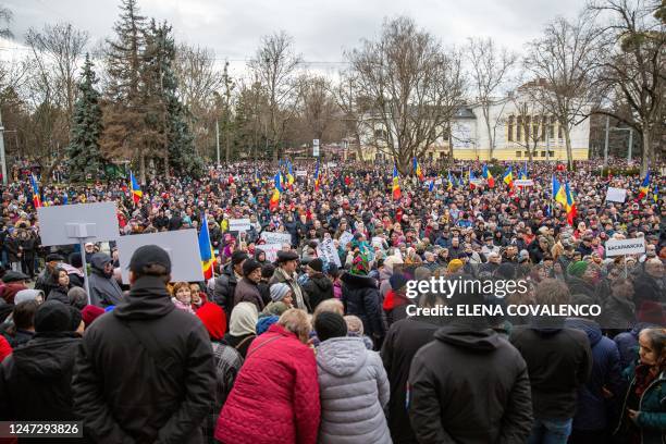 People take part in a protest against the Moldovan Government and their pro-EU President in Chisinau on February 19, 2023. - A couple of thousands of...