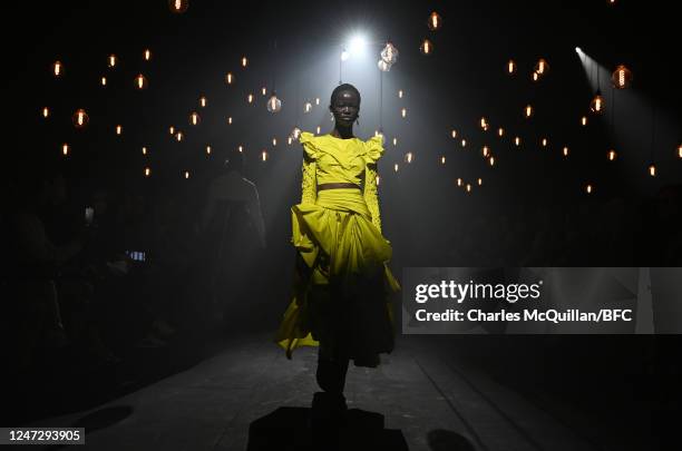 Model walks the runway at the Erdem show during London Fashion Week February 2023 on February 19, 2023 in London, England.