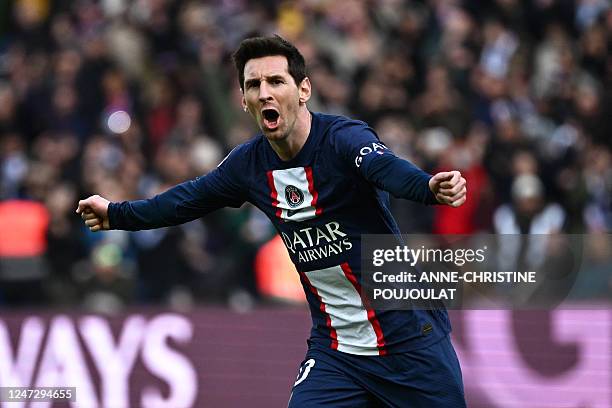 Paris Saint-Germain's Argentine forward Lionel Messi celebrates scoring his team's fourth goal during the French L1 football match between Paris...